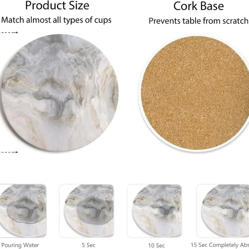 Set of 6 Abstract Gray White Marble Coasters with Holder, Absorbent Ceramic Coas